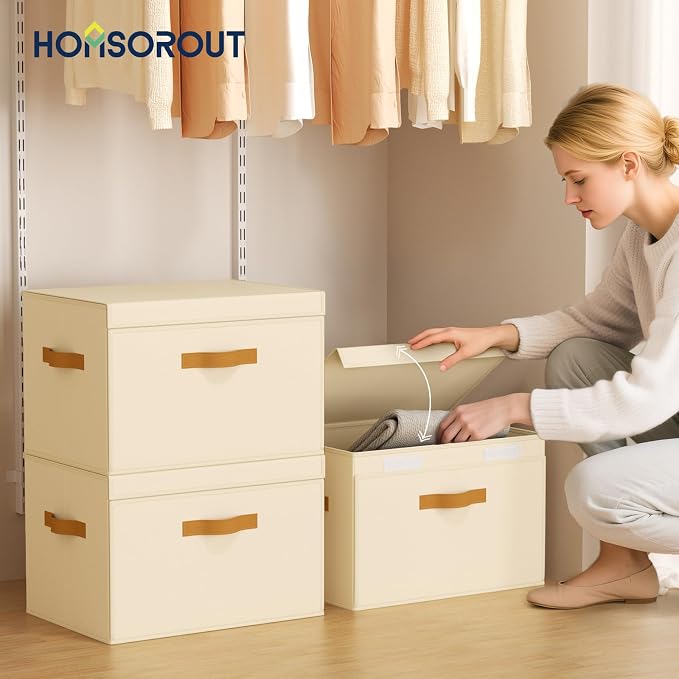 Homsorout Large Storage Bins with Lids - Front Opening Fabric Storage Bins, Flap Closet Organizer with Handles, Collapsible Boxes with Lid, Decorative Basket for Home, Dorm, 2 Pack, Beige - Image 3