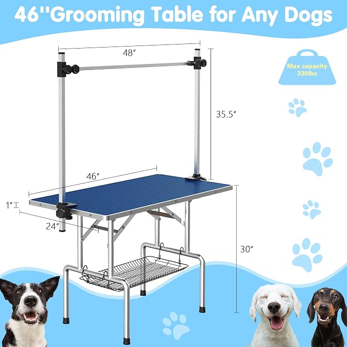 Lyromix 46'' Foldable Dog Grooming Table with Arms/Nooses/Mesh Tray, Blue | Stainless Steel Grooming Table for Dogs at Home, Adjustable Pet Bathing Station, Non-Slip Waterproof Tabletop, Capacity 330Lb - Image 6