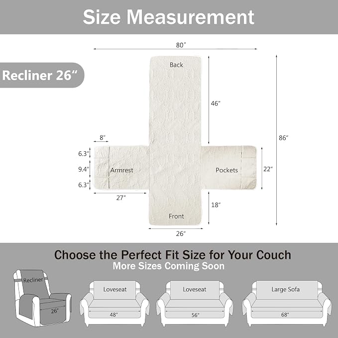 Ivory Recliner Chair Covers, Quilted Décor Water-Repellent Medium Lazy Boy Chair Covers, Pet Friendly Recliner Cover for Dogs Cats, Washable Couch Cover (Recliner 26", Ivory White) - Image 7