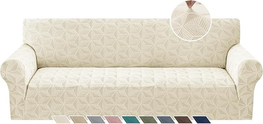YEMYHOM 1 Piece Stretch Oversized Couch Covers for 4 Seat, Jacquard Extra Large Sofa Cover with Non-Slip Elastic Bottom, Thickened Slipcover Furniture Protector for Dogs Pets (X-Large, Beige） by YEMYHOM