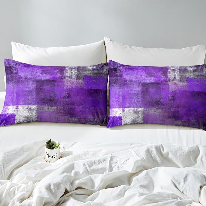 Erosebridal Oil Painting Bed Sheets Set for Kids Boys Girls,Purple Grey Sheet Set,Watercolor Ombre Sheets,Contemporary Abstract Artwork Flat Fitted Sheet with 2 Pillowcases Bedroom Decor,King - Image 4