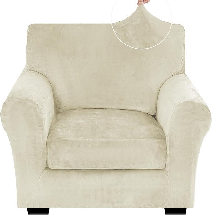 XINEAGE 2-Piece Velvet Armchair Sofa Cover, Couch Covers for Dog,Beige | 1 Cushion Chair,Stretch Non-slip Elastic, Pet-friendly, Washable, Fast Setup, Soft Plush Fabric, Furniture Protector. by XINEAGE