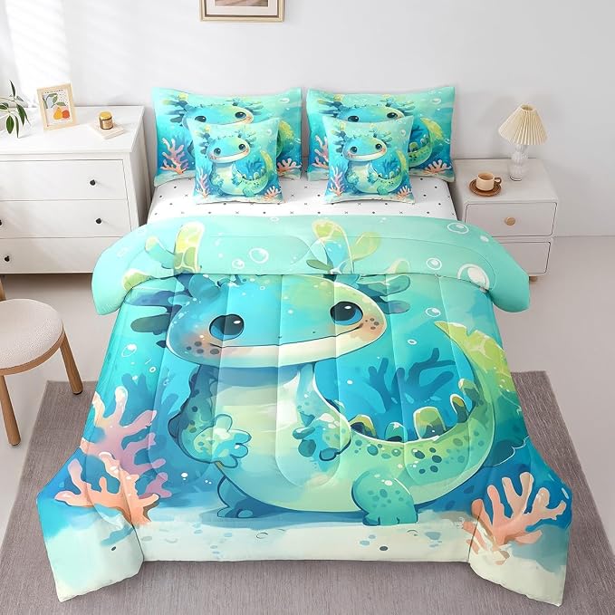 Feelyou Cute Axolotl 7 Piece Bedding Set Twin Size Cute Blue Teal Axolotl for Kids Boys Girls Teens Toddler Ocean Animal Bed in a Bag Comforter Set with Sheets Cartoon Bed Set - Image 3