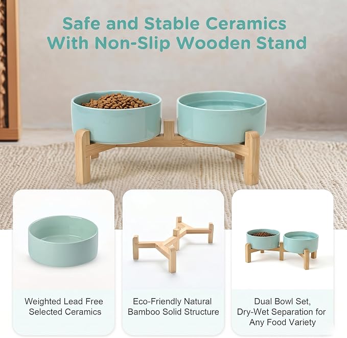 SPUNKYJUNKY Elevated Dog Bowls Ceramic, 5.1'' Dogs and Cat Food Water Bowls Raised with Non-Slip Bamboo Stand for Puppy Small Sized Breed Microwave Dishwasher Safe - 13.5 OZ,Light Green - Image 6