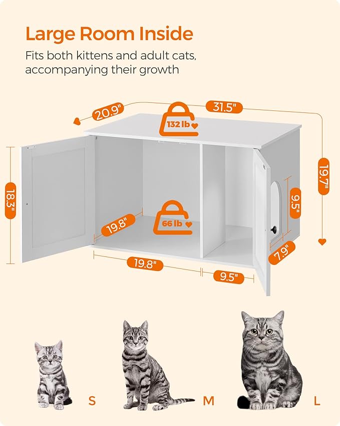 Feandrea Cat Litter Box Enclosure, Litter Box Furniture Hidden with Removable Divider, Indoor Cat House, End Table, 31.5 x 20.9 x 19.7 Inches, White UPCL002W01 - Image 6