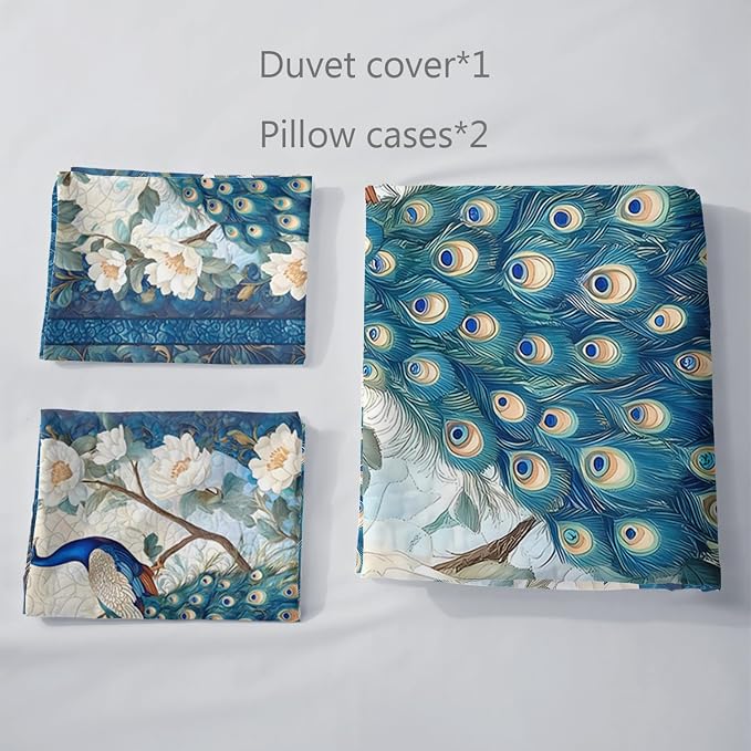 AILONEN Blue Peacock Duvet Cover Set,Floral Bedding Set Animal Feather for Girls,Women King Size,Victorian Style Flower Birds Comforter Cover,3-Piece, 1 Quilt Cover and 2 Pillowcases - Image 5