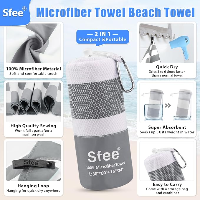 Sfee 2 in 1 Microfiber Oversized Beach Towel, Quick Dry Towel Travel Towel Camping Towel Super Absorbent Compact Lightweight Sports Gym Towels for Beach,Gym, Hiking, Pool, Backpacking, Bath, Yoga - Image 2