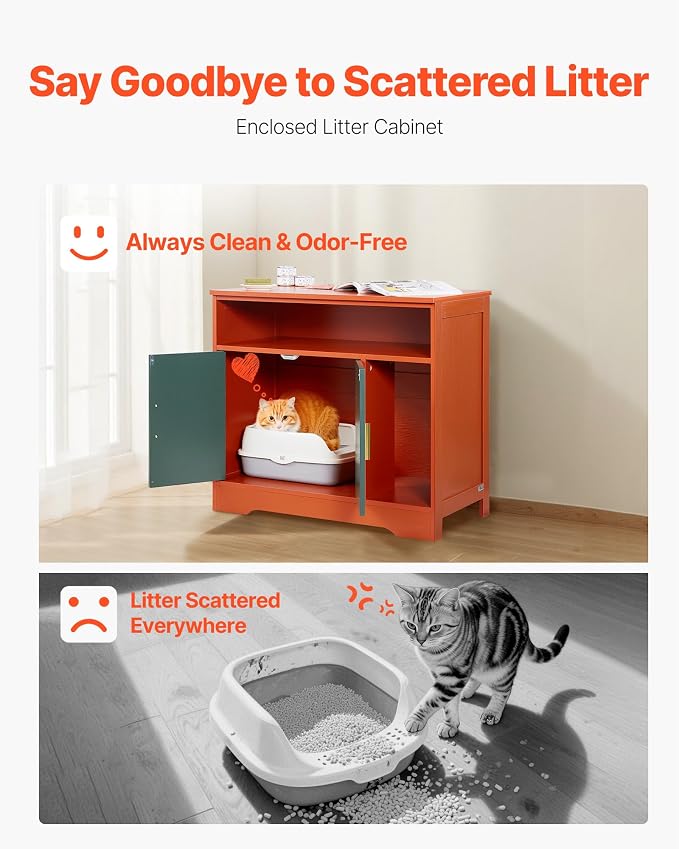 VEVOR Cat Litter Box Enclosure, 31 in Hidden Litter Box Cabinet with Shelf & Storage, Modern Style Indoor Cat Washroom, Wooden Kitty House Furniture End Table, Fit Most Litterboxes, Red & Green - Image 2