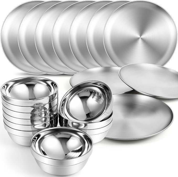 Sunnyray 304 Stainless Steel Plates and Bowls Metal Camping Plates Reusable 13 oz Steel Snack Bowls Dinner Dishes Double Walled Insulated Metal Dinnerware(10 Sets,8 x 8 Inch) by Sunnyray