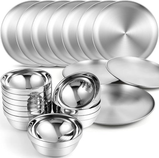 Sunnyray 304 Stainless Steel Plates and Bowls Metal Camping Plates Reusable 13 oz Steel Snack Bowls Dinner Dishes Double Walled Insulated Metal Dinnerware(10 Sets,8 x 8 Inch) by Sunnyray