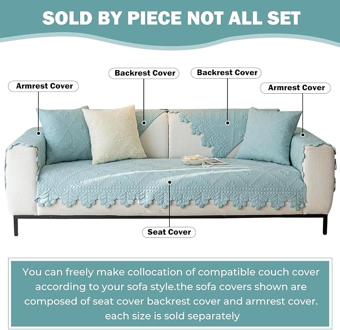Cotton Quilted Dog Couch Cover for Sofa Farmhouse Rustic Embroidery Sectional Couch Cover Soft Anti-Slip Sofa Slipcover Furniture Protector for Kids, Pets (Blue,28"x82") - Image 2