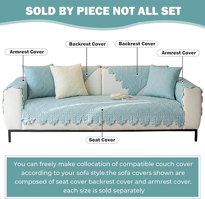 Cotton Quilted Dog Couch Cover for Sofa Farmhouse Rustic Embroidery Sectional Couch Cover Soft Anti-Slip Sofa Slipcover Furniture Protector for Kids, Pets (Blue,36"x63") - Image 2