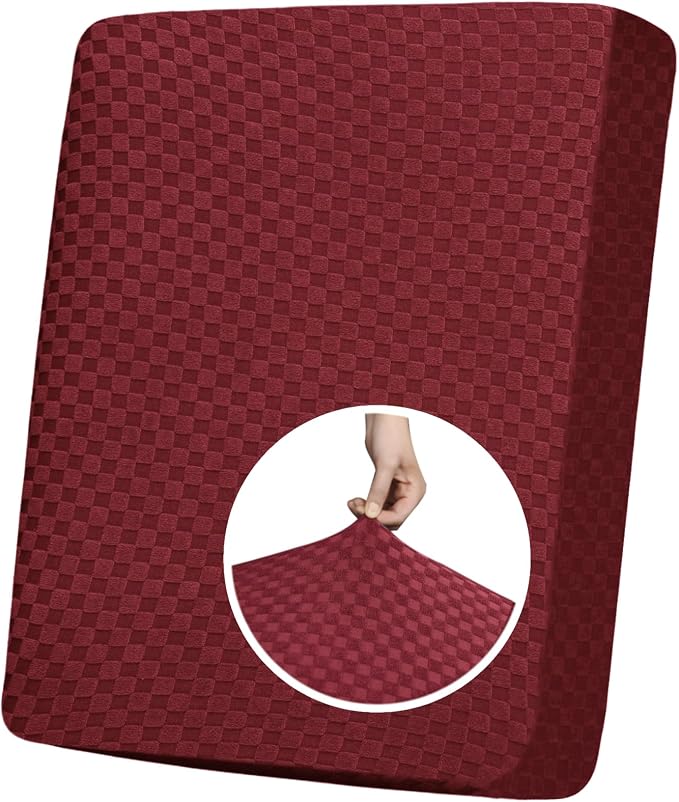 YEMYHOM Stretch Individual Cushion Covers Sofa Chair Seat Cushion Slipcovers Soft Couch Cover Replacement Large Checkered Furniture Protector with Elastic Bottom (1 Pc Cushion Cover, Wine Red) by YEMYHOM