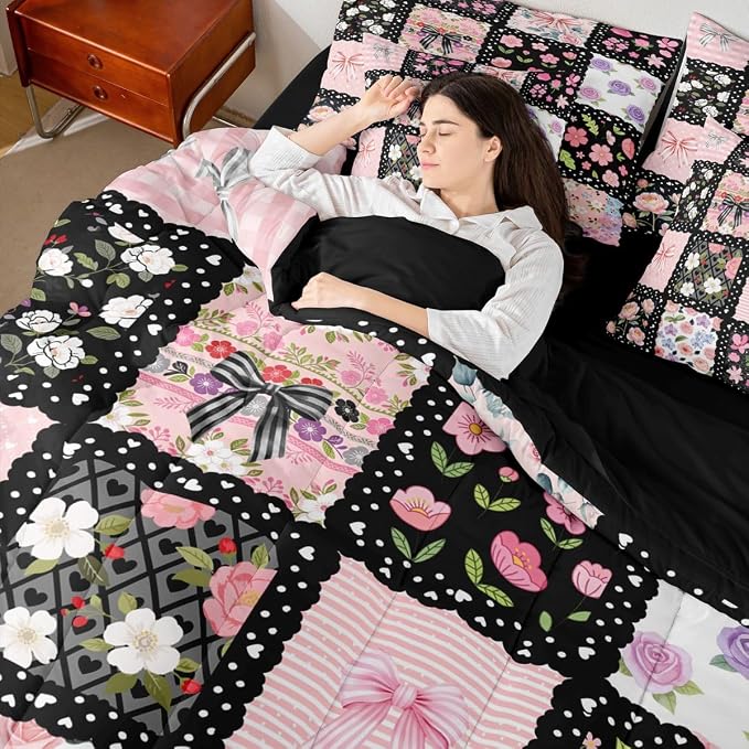 Feelyou Cute Flower 7 Piece Bedding Set Cute Bow Comforter Set with Sheets for Kids Boys Girls Black Pink Theme Bed in a Bag Sweet Princess Theme Bed Set Soft Lightweight - Image 2