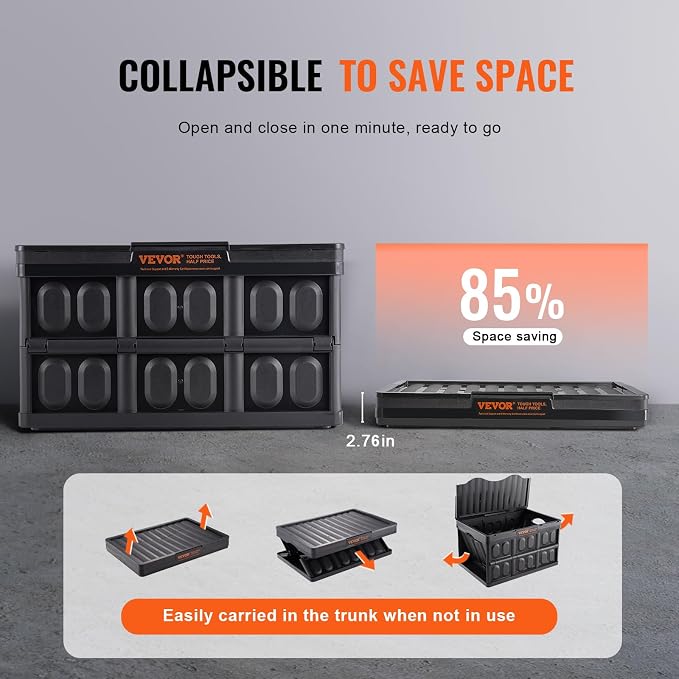 VEVOR 65L Collapsible Storage Bins with Lids 3 Packs, Stackable Utility Crates with Handles, Large Folding Containers for Organizing Tools, Books, Food, Drinks, Camping&Transport - Image 3