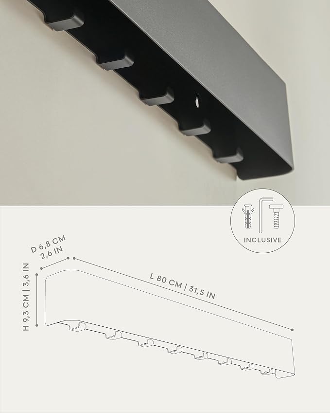 Kazai. Coat Rack Wall Mount with Shelf 'Tone' | Modern Design Coat Hanger with Hidden Hooks and Storage | Hat Rack with Shelf in Metal | Wall-Mounted Purse Organizer | Black - Image 7