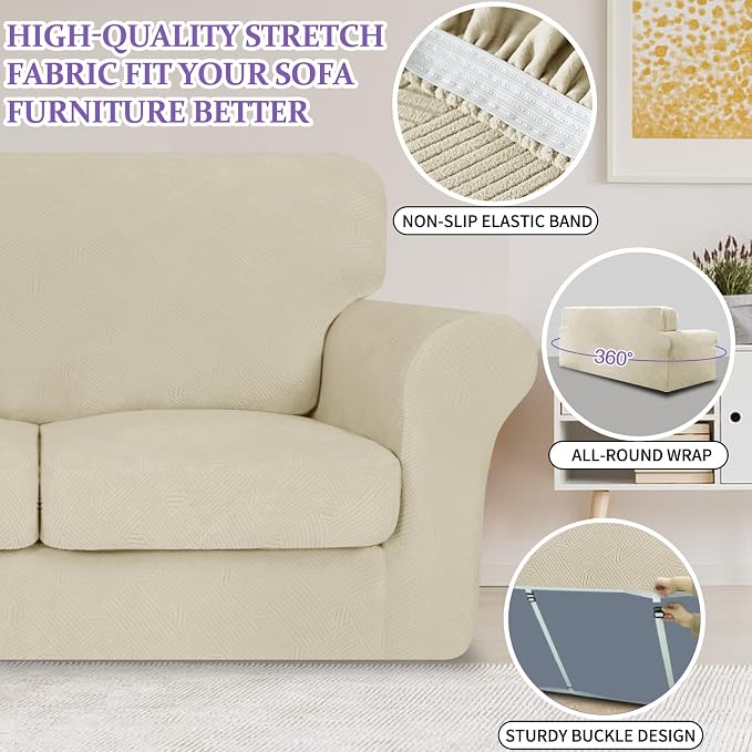 ZNSAYOTX 3 Piece Stretch Loveseat Covers (55"-69"), Thick Striped Sofa Covers for 2 Cushion Couch with Elastic Band Bottom Ties Non-Slip Stay in Place, Soft Durable Love Seat Slipcovers, Khaki - Image 5