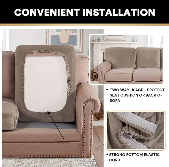 PrinceDeco Velvet Sofa Cushion Covers, Stretch Couch Cushion Covers for Individual Seat Couch Slipcover Sets Furniture Protector for Loveseat Sofa Cushion Width Up to 29.5", Taupe - Image 5