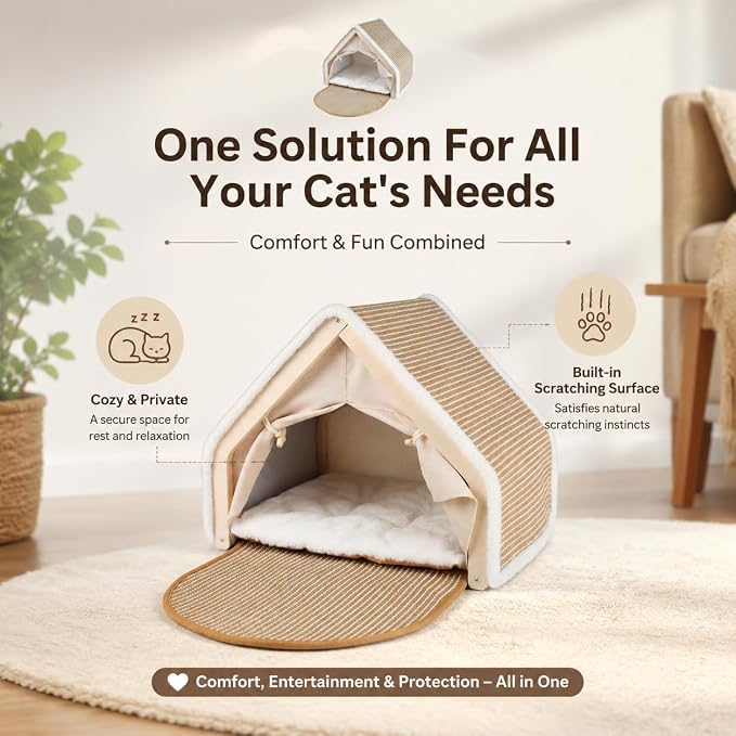 Large Wood Cat House for Indoor Cats - Cute Cat Tent Bed & Hideaway with Scratcher, Sturdy Wooden Cat Apartment & Fort for Sleeping and Playing - Image 3