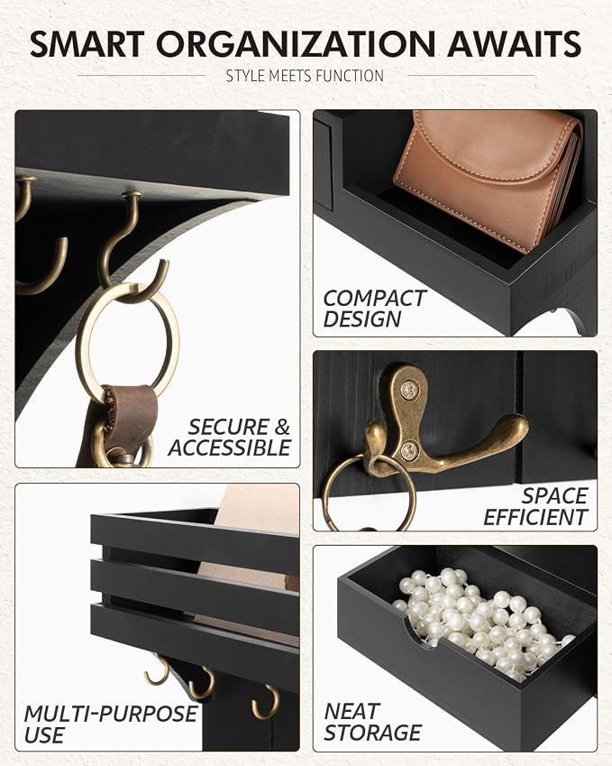 Rebee Vision Key Holder Wall Mount with 9 Key Hooks for Home Decor, Black | Sturdy Wood, Key Holder for Wall, Mail Sorter, Floating Wall Shelf, Drawer Organizer, Key Hanger Room Decor Aesthetic - Image 5