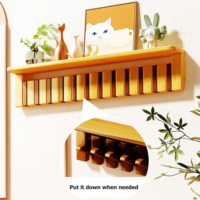 Wall Mounted Coat RackHooks Piano Key Hangers Natural Solid Wood Hanger Non-Woven Fabric Clothes Hangers for Closet, Kitchen, Bedroom, Bathroom, Entryway (Tray Walnut-Beech, 4 Hooks) - Image 3
