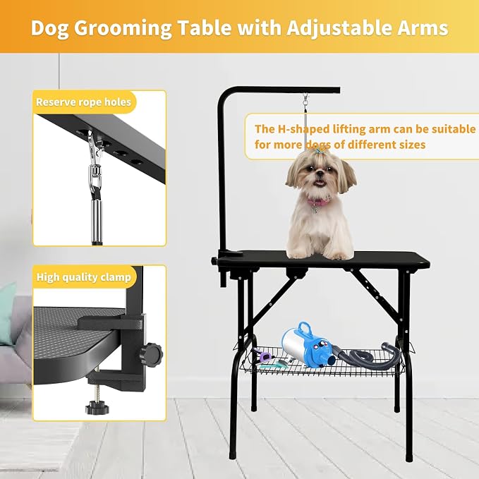 Baohe-32 Inch Dog Grooming Table - Pet Grooming Table - Foldable, Adjustable Arm, Portable, Non-Slip Grooming Table for Dogs at Home - Black - Image 4
