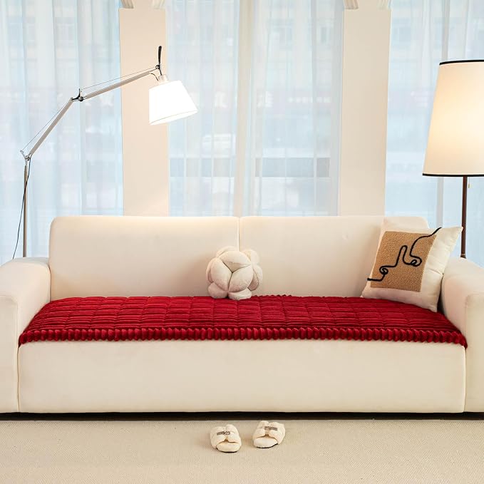 vctops Striped Couch Cover Super Soft Corduroy Sectional Sofa Cover Washable Non Slip Sofa Slipcover Furniture Protector for Kid Dog Pet,1 Piece (Red,27"x94") - Image 3