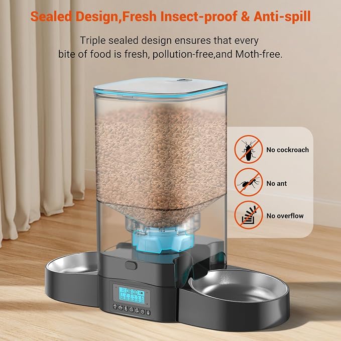 HoneyGuaridan 5L Automatic Cat Feeder for Two Cats, Cat Food Dispenser with Stainless Steel Bowl,Timed Feeder Programmable 1-6 Meals Control, Dual Power Supply,Desiccant Bag Black - Image 3