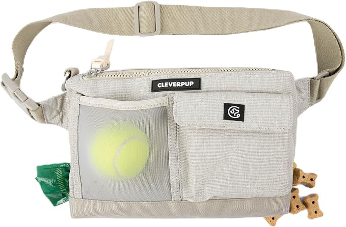 Cleverpup Dog Walk & Train Sling Bag - Hands-Free Dog Walking & Training Bag with Treat Pouch, Poop Bag Holder & Phone Pocket - Crossbody or Fanny Pack, Adjustable Strap - Sand by Cleverpup