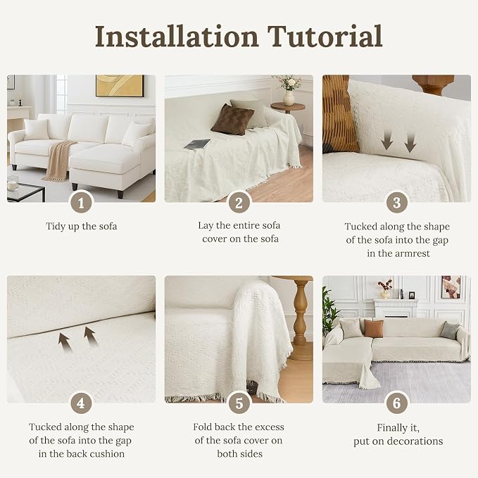 HOMERILLA 2 Piece Sectional Couch Cover for L Shape Sofa Ivory XXL | Washable Fabric, Anti-Pet Hair, Stain & Wear Resistant, Multiuse Sofa Blanket Protector, Pet Friendly Easy Installation - Image 6