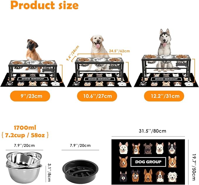 3-in-1 Slow Feeder Dog Bowl Stand, Elevated Raised Feeder with 1 Slow Feed & 3 Stainless Steel Bowls, Iron Stand, Custom Name Plate & Mat - Easy Clean for Fast Eaters, Multiple Dogs - Image 3
