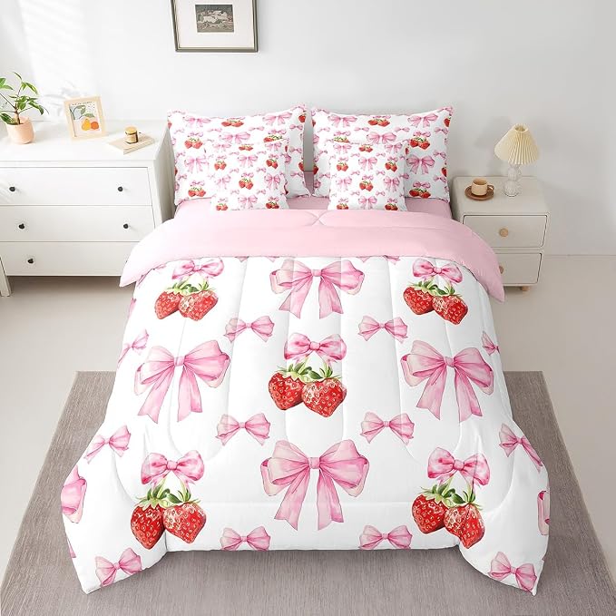 Erosebridal 7 Piece Pink Bowknot King Bedding Set for Girls Women,Red Strawberry Fruit Kids Comforter Set for Teens Children,Romantic Valentine Bow Print Duvet Set,Dreamy Princess Style Sheet Set - Image 2