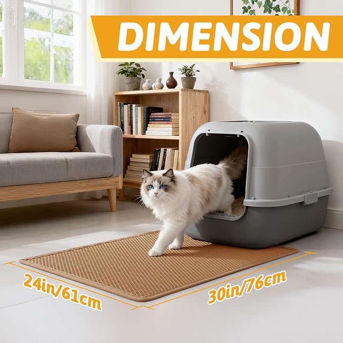 Pieviev Cat Litter Mat Double Layer Waterproof Urine Proof Trapping Mat 1 Pack (30''X24'', Brown) | Honeycomb Design Catches Scattered Particles to Stop Tracking, Urineproof Base Protects Floors, Easy to Clean - Image 2