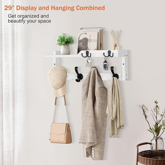 dreampossible Coat Rack Wall Mount with Shelf, Coat Hanger Wall Mount with Key Hooks and Mail Holder, Wood Entryway Floating Shelf with Hooks and Storage, Hat Rack for Wall Key Holder Mail Organizer - Image 5