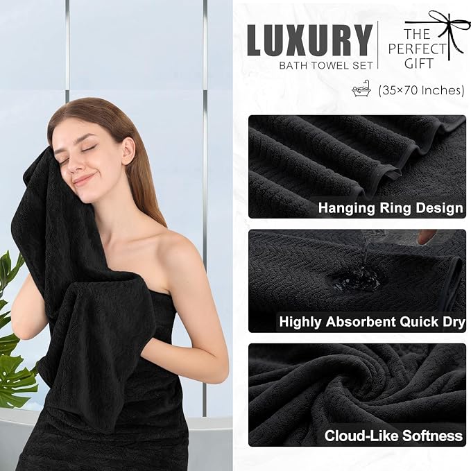 8 Piece Bath Towel Set Black|2 Oversized Large Bath Sheet,2 Hand Towels,4 Washcloths| Ultra Soft Cozy Bath Towel Set for Bathroom Hotel Gym Spa,Highly Absorbent & Quick Dry Bathroom Towel Collections - Image 2