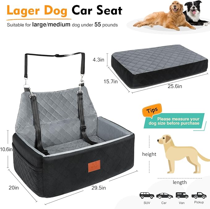 Dog Car Seat for Large Medium Dogs,Washable Pet CarSeat Under 55 lbs or 2 Small Dogs,Dog Booster Seat Travel Bed with Thick Cushion,2 Safety Leashes - Image 2
