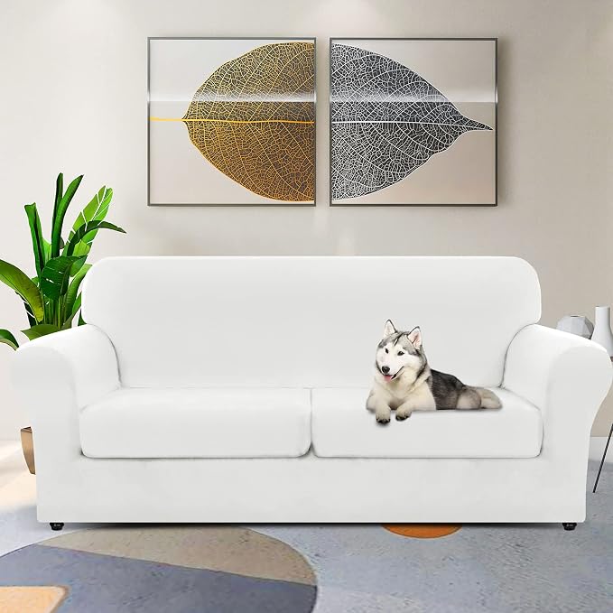 ZNSAYOTX Oversized Velvet 3 Piece Couch Cover with 2 Extra Large Seat Cushion Covers Stretch Sofa Cover for 2 Cushion Couch Thick Loveseat Sofa Slipcover for Living Room (White), 72"-92"(2 Cushions) - Image 2