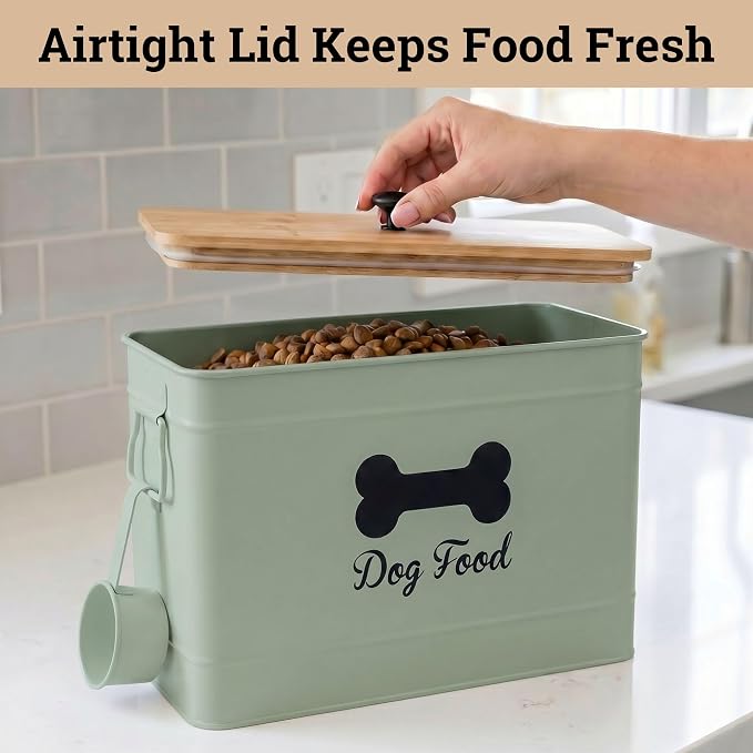 Metal Dog Food Container 15-20 lbs w/ Airtight Bamboo Lid, 70 Cup Capacity | Pet Jar For Dogs up to 100lbs, Airtight Bamboo Lid, Sturdy Comfortable Metal Handle, Powder Coated Iron, Kibble Storage Bin - Image 4