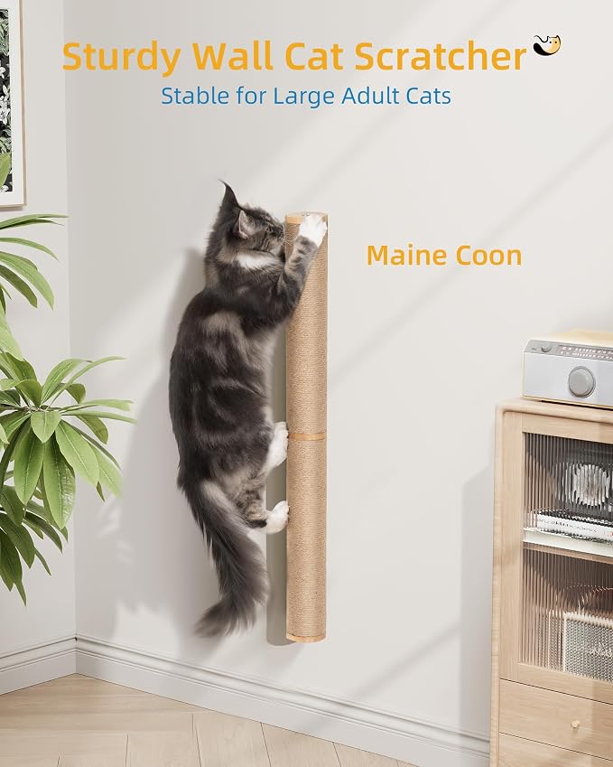 Aechonow 34" Cat Scratching Post, Wood Wall Mounted Cat Scratcher for Cats | Cat Wall Scratcher,Cat Wall Furniture for Indoor Cats,Cat Wall Wood Climber, Natural Sisal,Tall & Sturdy Corner Climbing Pole - Image 8