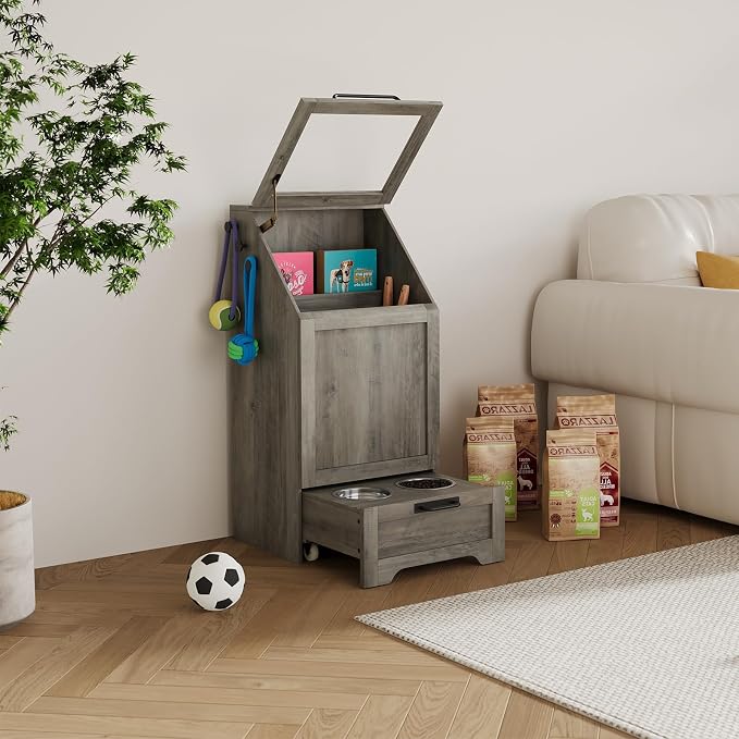Dog Feeding Station, with Pet Feeding Station,Flip Top Dog Food Storage Cabinet, 2 Elevated Bowls, Includes 3 Hooks for Accessories – Space-Saving Design, Grey - Image 2