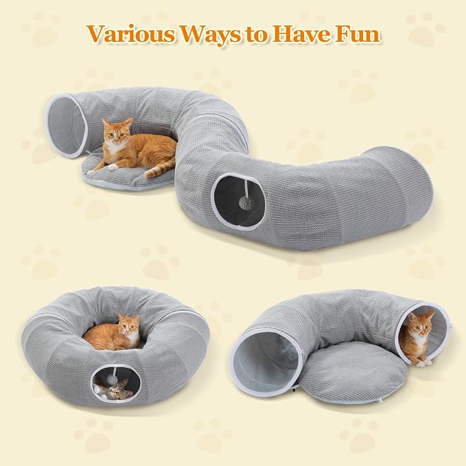 PEQULTI Cat Donut Tunnel with Bed for Indoor Cats, Cat Play Tunnel with Washable Soft Plush Mat, Round Tube Toys Cute Tube for Kittens, Puppies, Rabbits and Ferrets, Grey - Image 4