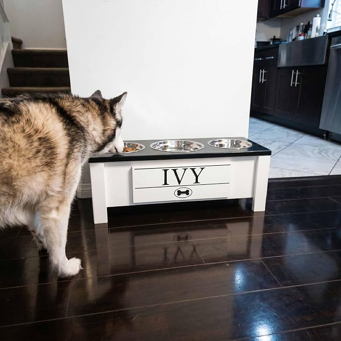 3 Bowl Dog Feeding Station, Personalized Triple Bowl Food Stand Medium Dogs | Farmhouse Style, Elevated Wood Stand, Storage Container, Stainless Steel Bowls, Raised Anti-Slip Feeder, Made in USA - Image 2