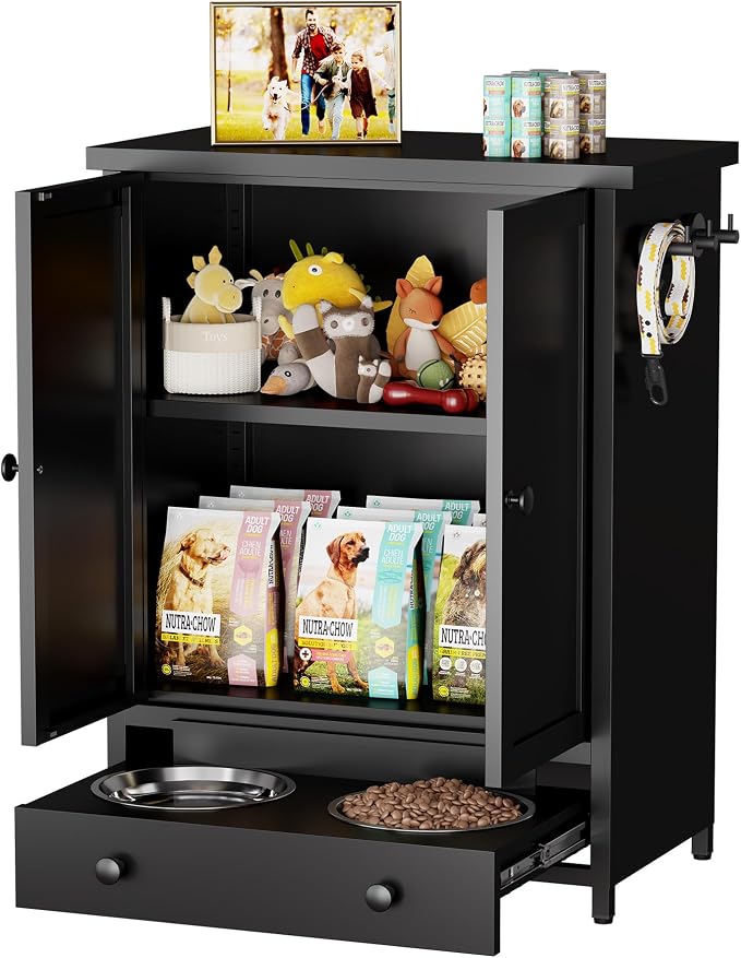 Dog Feeding Station with Storage, Metal Dog Food Storage Cabinet with 2 Elevated Bowls and 3 Hooks, Pet Feeding Station and Food Storage Organizer, Black by Fmlud