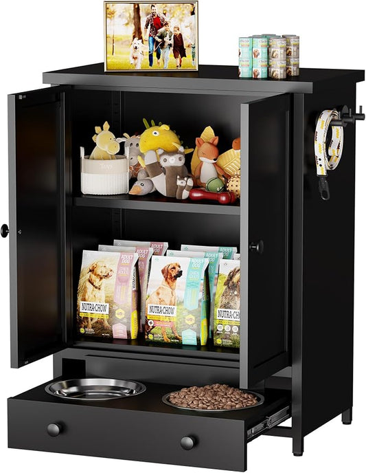 Dog Feeding Station with Storage, Metal Dog Food Storage Cabinet with 2 Elevated Bowls and 3 Hooks, Pet Feeding Station and Food Storage Organizer, Black by Fmlud