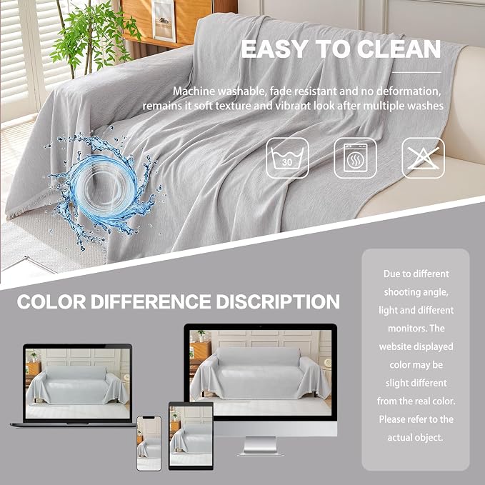 DREAMINGO Sofa Covers Washable Thick Chenille Couch Cover for 2 Cushion Couch Sofa Multi-Use Couch Cover Blanket Modern Pet Furniture Protector Sectional Couch Slipcover 71"x118", Light Grey - Image 6