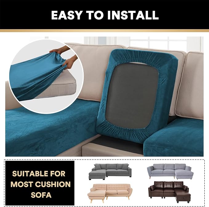 PrinceDeco Sectional Couch Covers 3 Pieces Velvet Sofa Covers L Shape Soft Couch Covers for Sectional Sofa Corner Sofa Cover Couch Cover for Dogs Washable (2 Seater + 1 Chaise,Deep Teal) - Image 6
