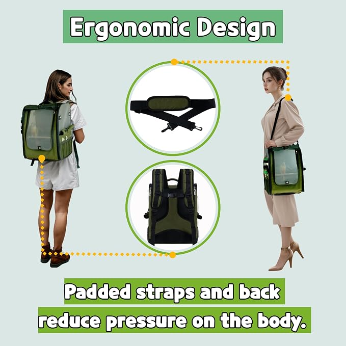 Birds Day Bird Carrier Backpack - Breathable Mesh Portable Parrot Travel Cage with 2PCS Perch, Food Bowl, and Stainless Steel Tray (Dark Olive Green) - Image 5