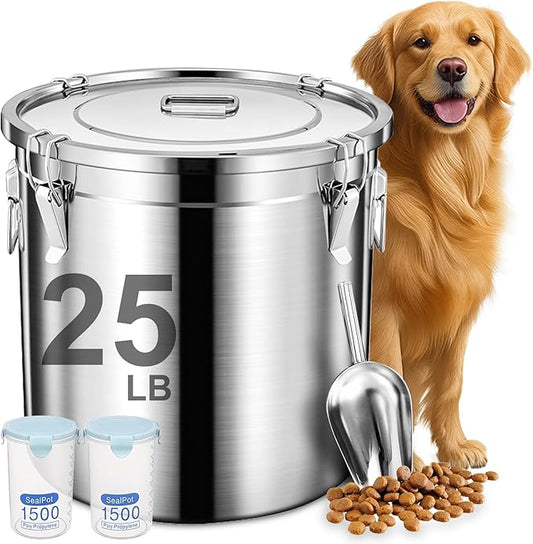 Newget Dog Food Storage Containers, Large Stainless Steel Pet Food Storage Containers 25 lb / 11.5 kg to Keep Fresh, Metal Airtight Cat Food Containers With Scoop and 2 Small Containers by Newget