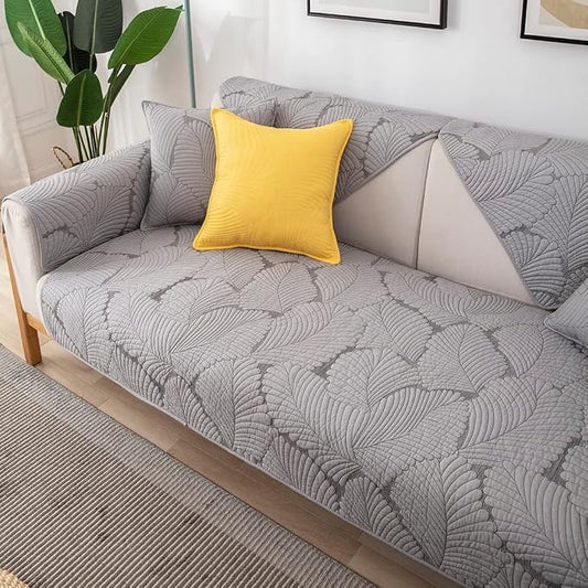 Solid Color Leaf Cotton Quilted Sofa Covers Anti-Slip Soft Sectional Couch Cover Washable Sofa Slipcover for Dogs Cats Pet (Grey,36''x94'') by Huierxun