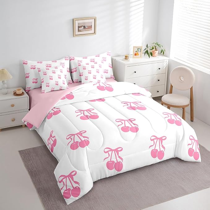Erosebridal 7 Piece Pink Bowknot Kids Comforter Set Queen Bed in a Bag,Dreamy Princess Style Bedding Set for Girls Women Girlfriend,Girly Cherry Bows Sheet Set,Cartoon Bow Tie Duvet Insert - Image 3